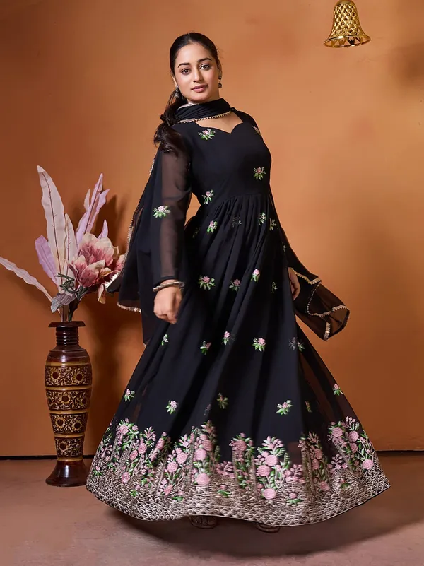 Elegant Black Ethnic Gown with Floral Embroidery