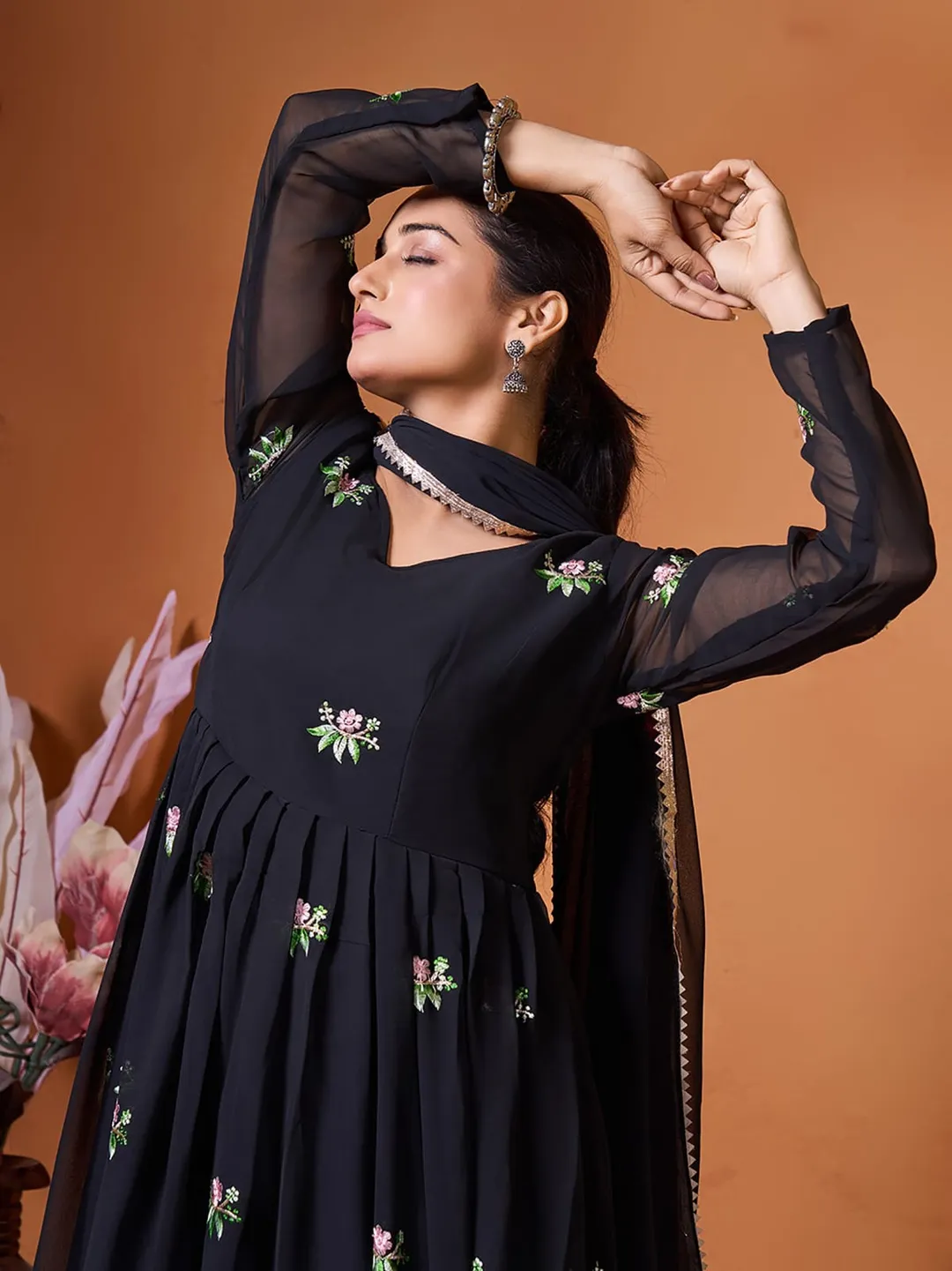Elegant Black Ethnic Gown with Floral Embroidery
