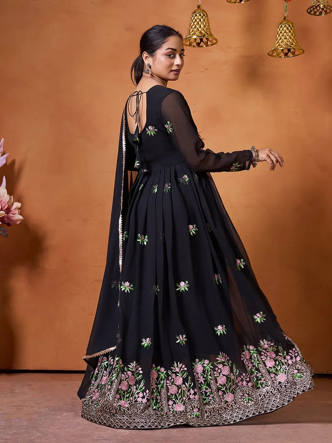 Elegant Black Ethnic Gown with Floral Embroidery