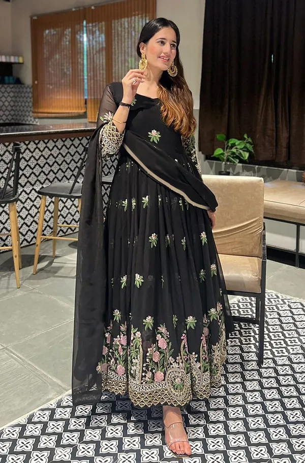 Elegant Black Ethnic Gown with Floral Embroidery