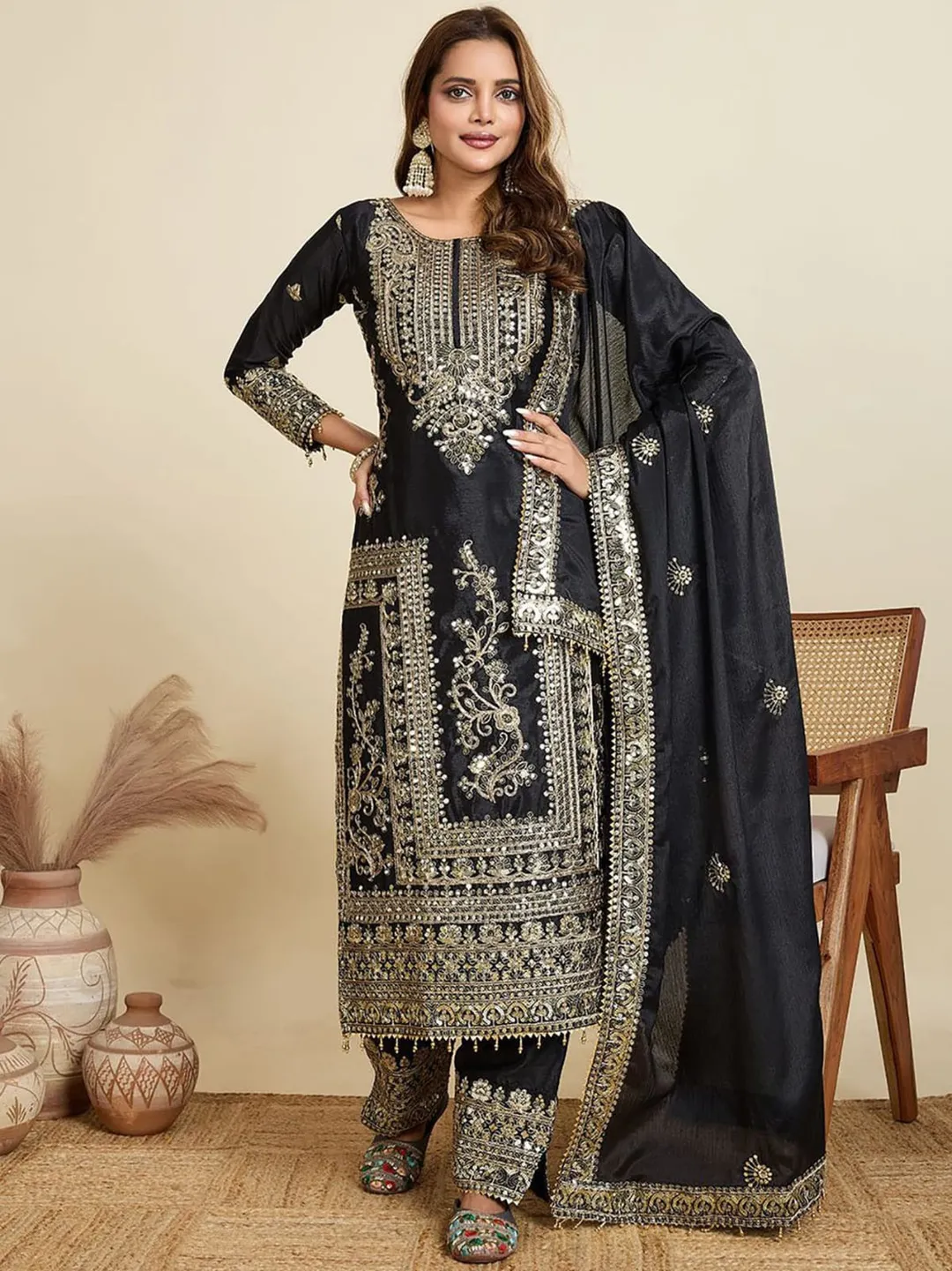 Designer Black Party Wear Palazzo Suit Set
