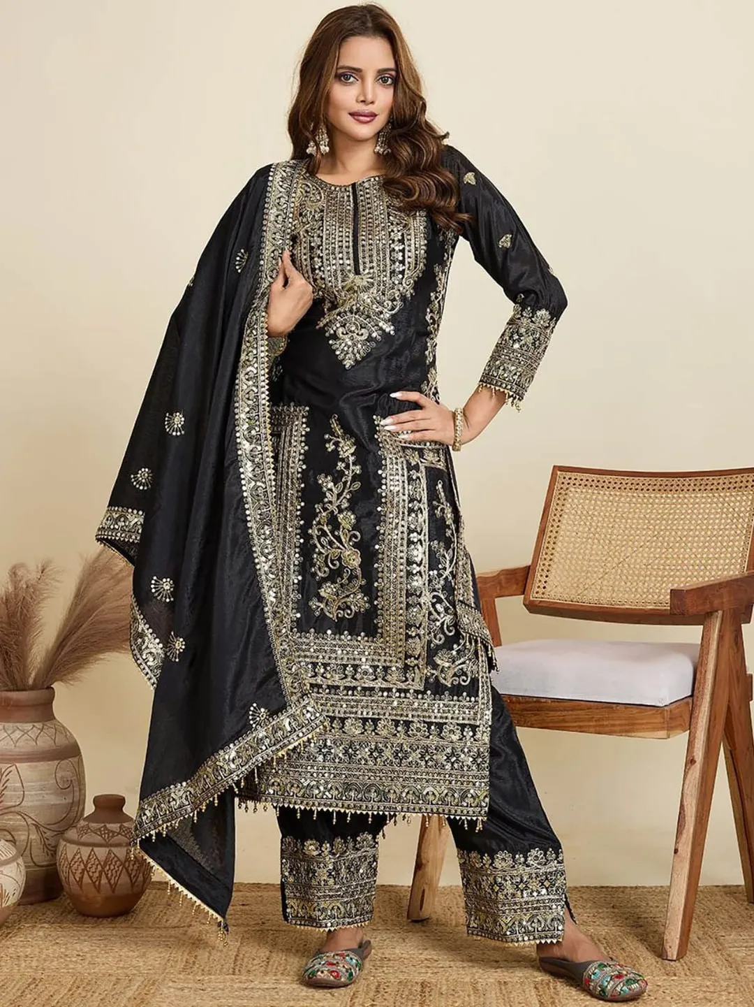 Designer Black Party Wear Palazzo Suit Set