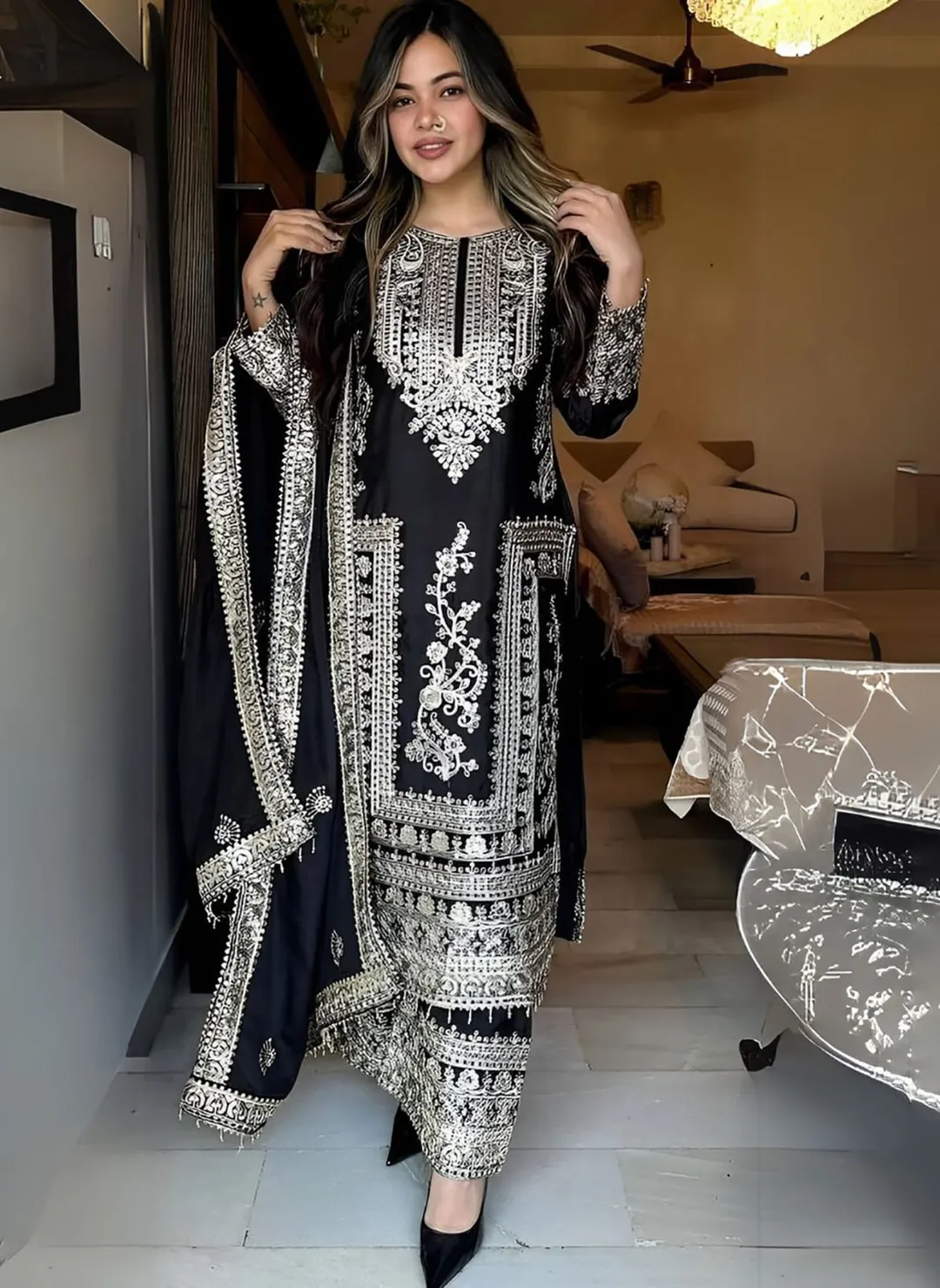 Designer Black Party Wear Palazzo Suit Set