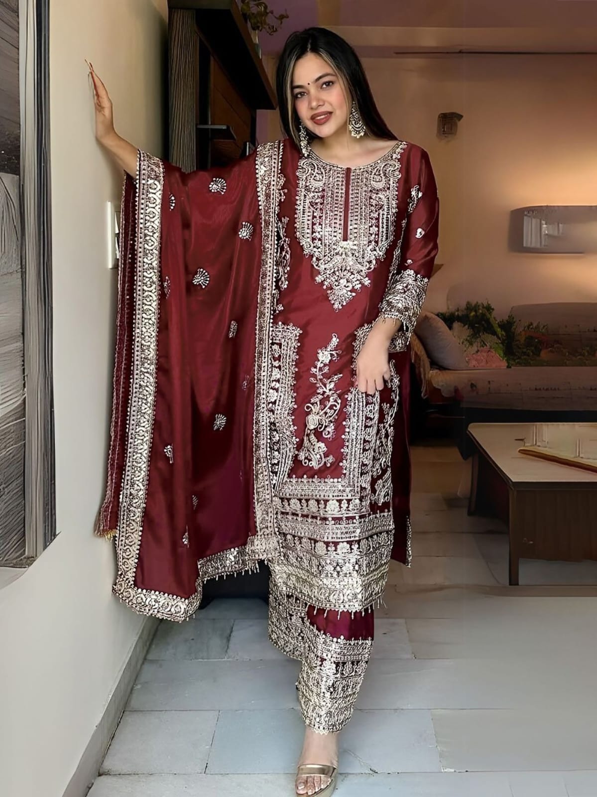 Embroidered red salwar suit for wedding