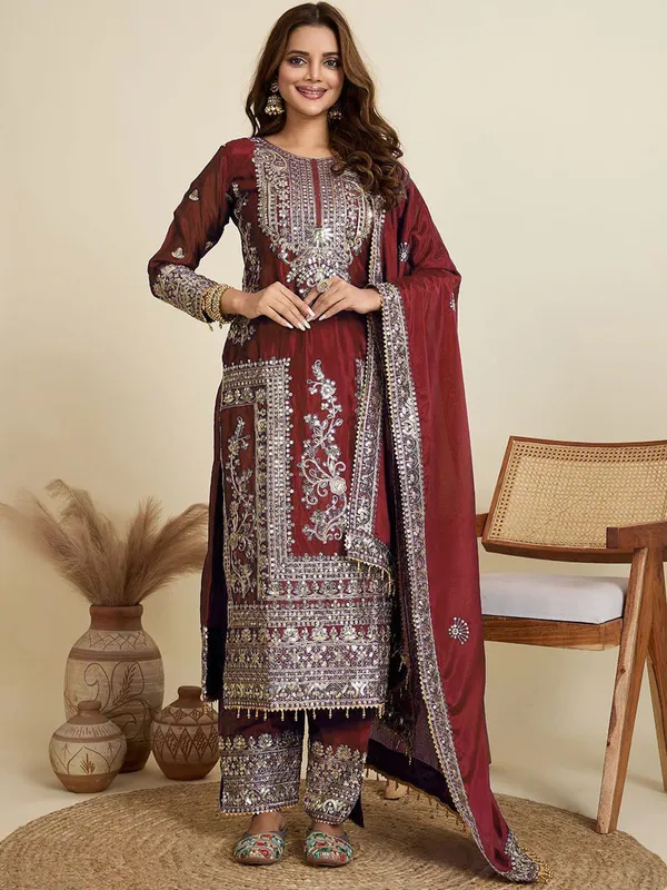 Maroon Wedding Wear Embroidered Palazzo Suit Set