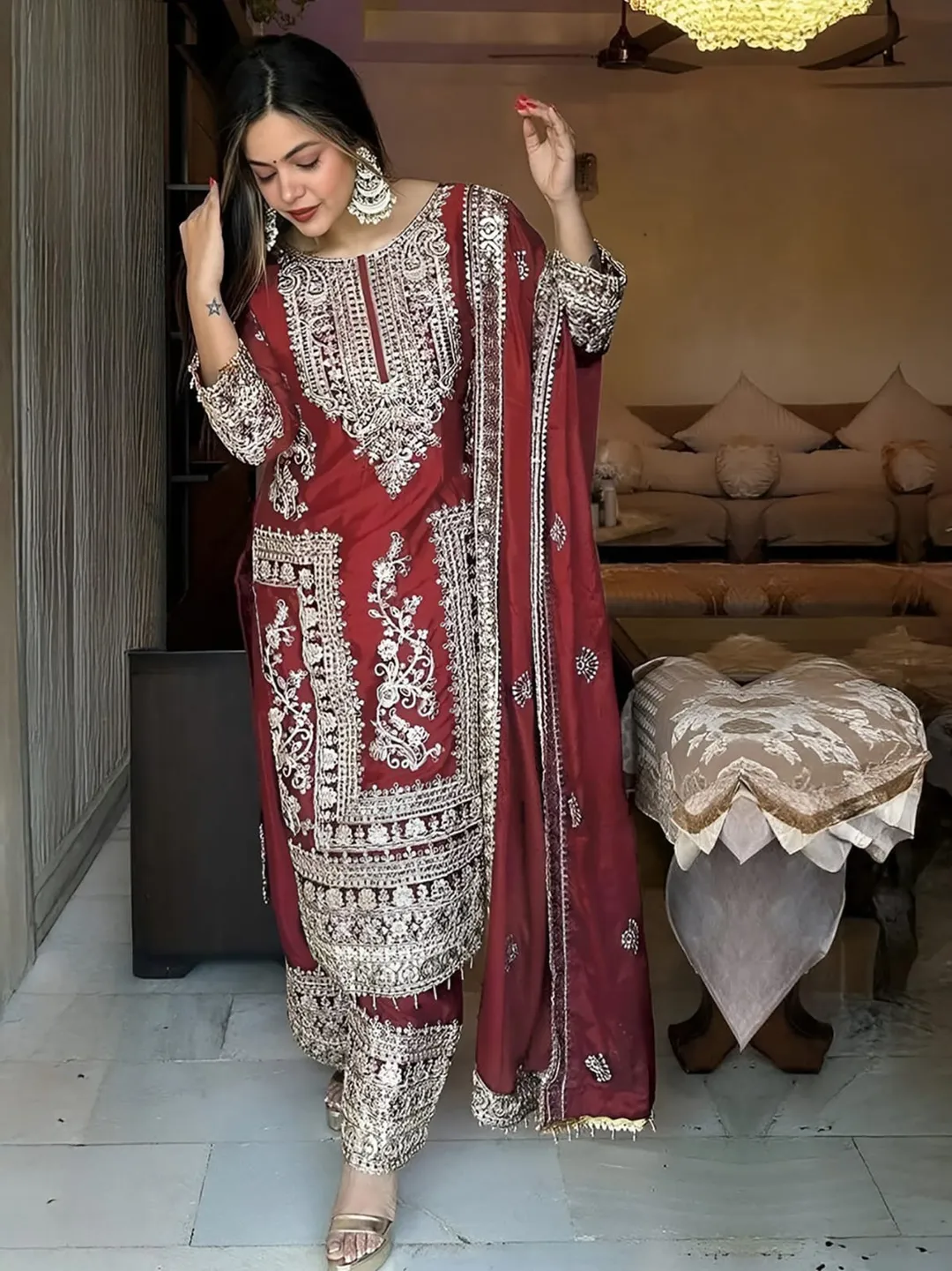 Maroon Wedding Wear Embroidered Palazzo Suit Set