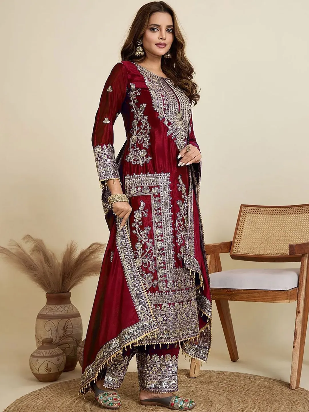 Maroon Wedding Wear Embroidered Palazzo Suit Set