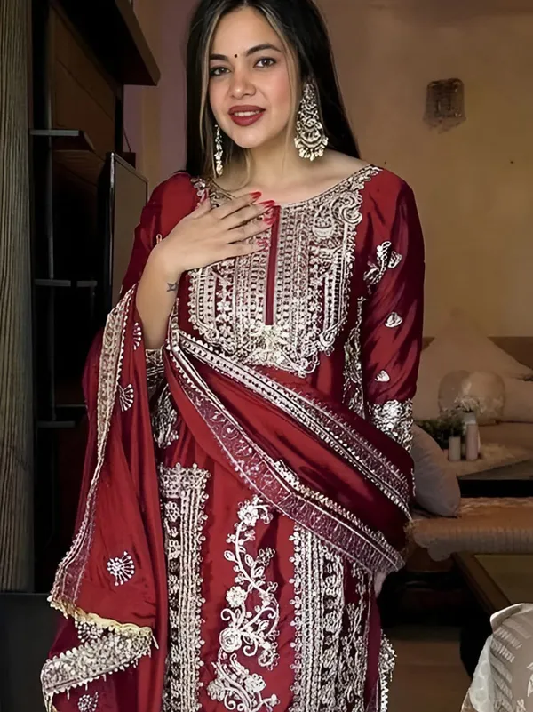 Maroon Wedding Wear Embroidered Palazzo Suit Set