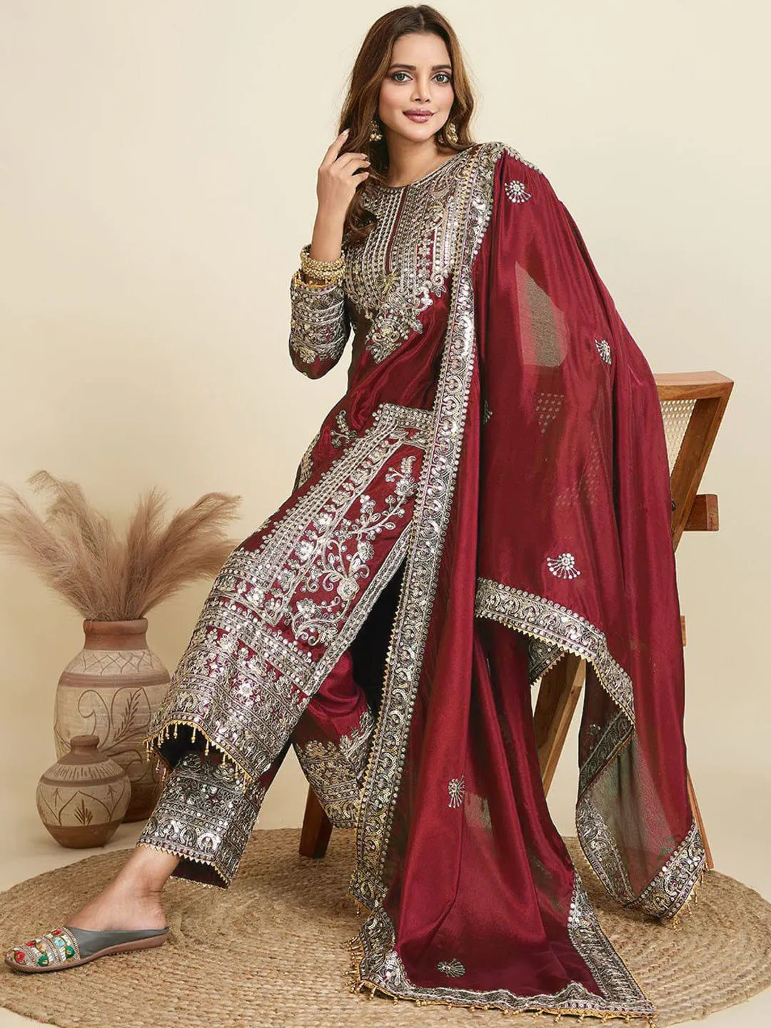 Maroon Wedding Wear Embroidered Palazzo Suit Set