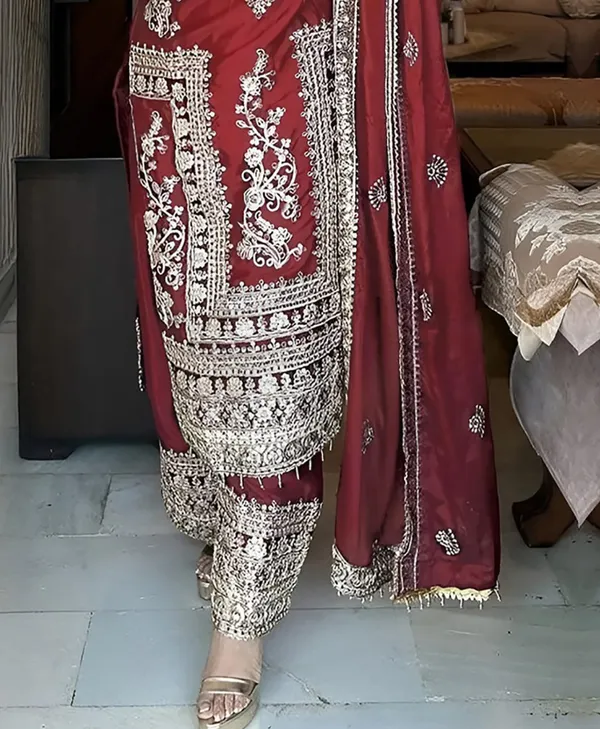 Maroon Wedding Wear Embroidered Palazzo Suit Set