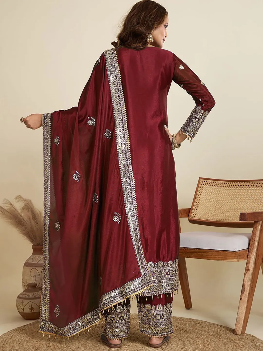 Maroon Wedding Wear Embroidered Palazzo Suit Set