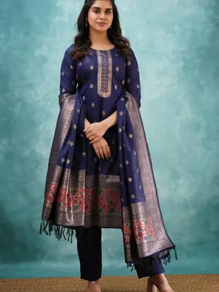 Navy Blue Traditional Kurta Pant Dupatta Ensemble