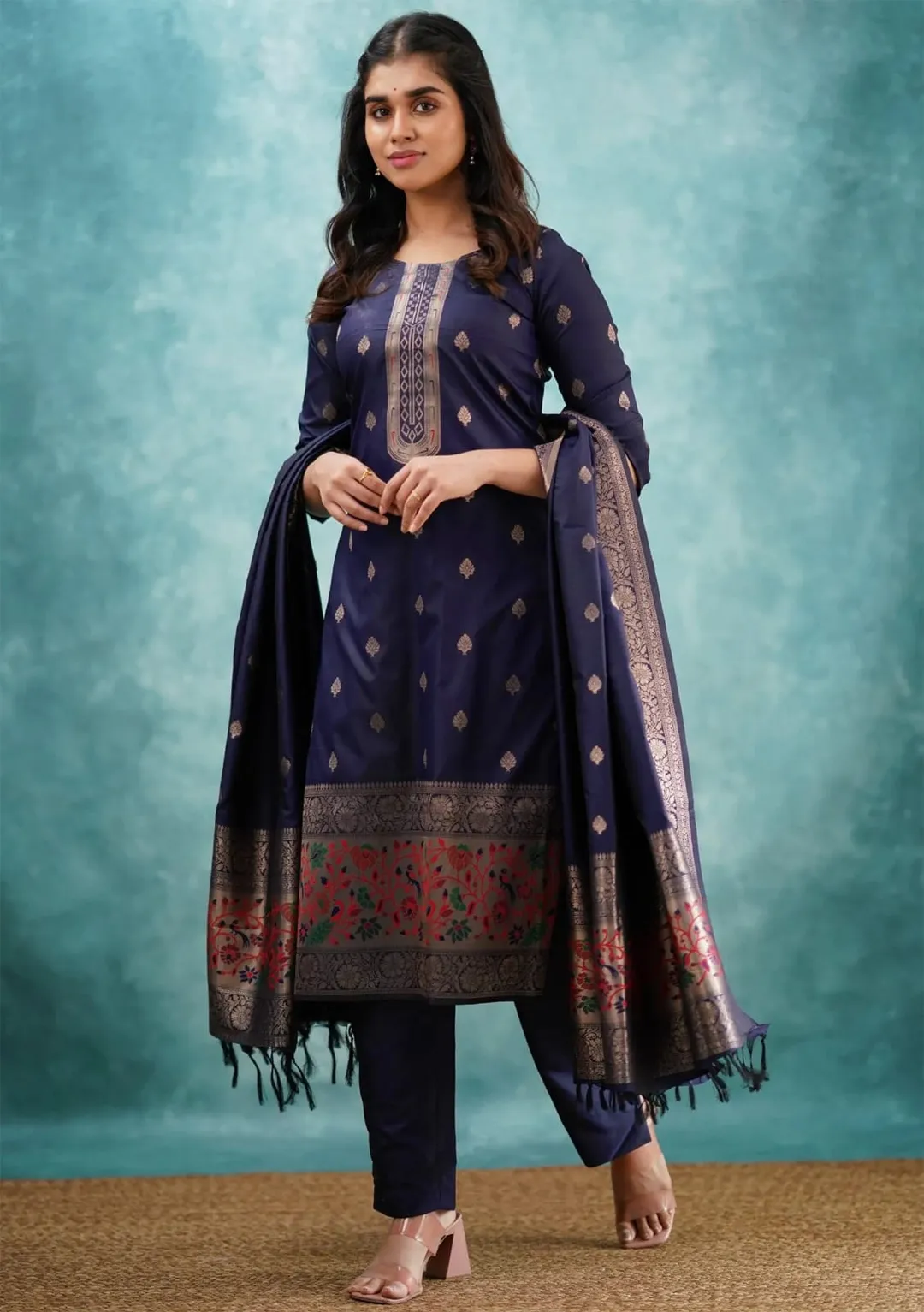 Navy Blue Traditional Kurta Pant Dupatta Ensemble