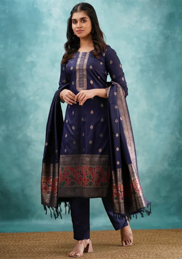 Navy Blue Traditional Kurta Pant Dupatta Ensemble