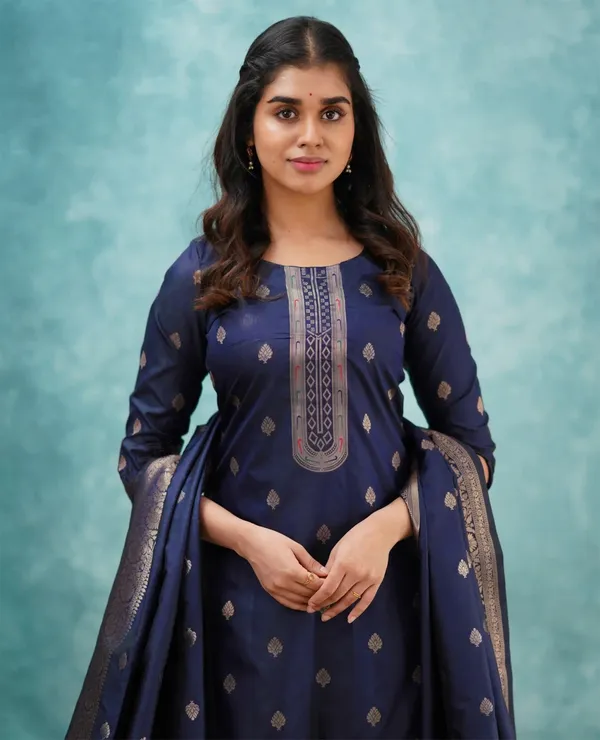 Navy Blue Traditional Kurta Pant Dupatta Ensemble
