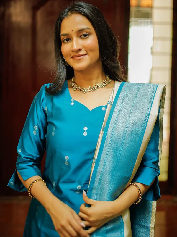 Elegant Sky Blue Woven Ethnic Suit Set