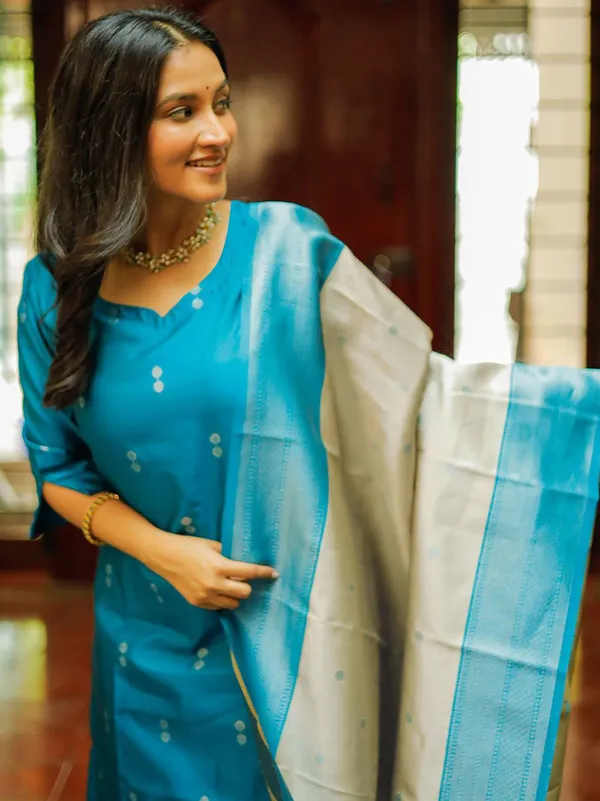 Elegant Sky Blue Woven Ethnic Suit Set