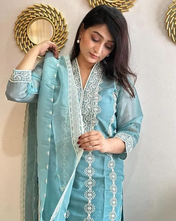 Sky Blue Festive Wear Kurta Pant Set