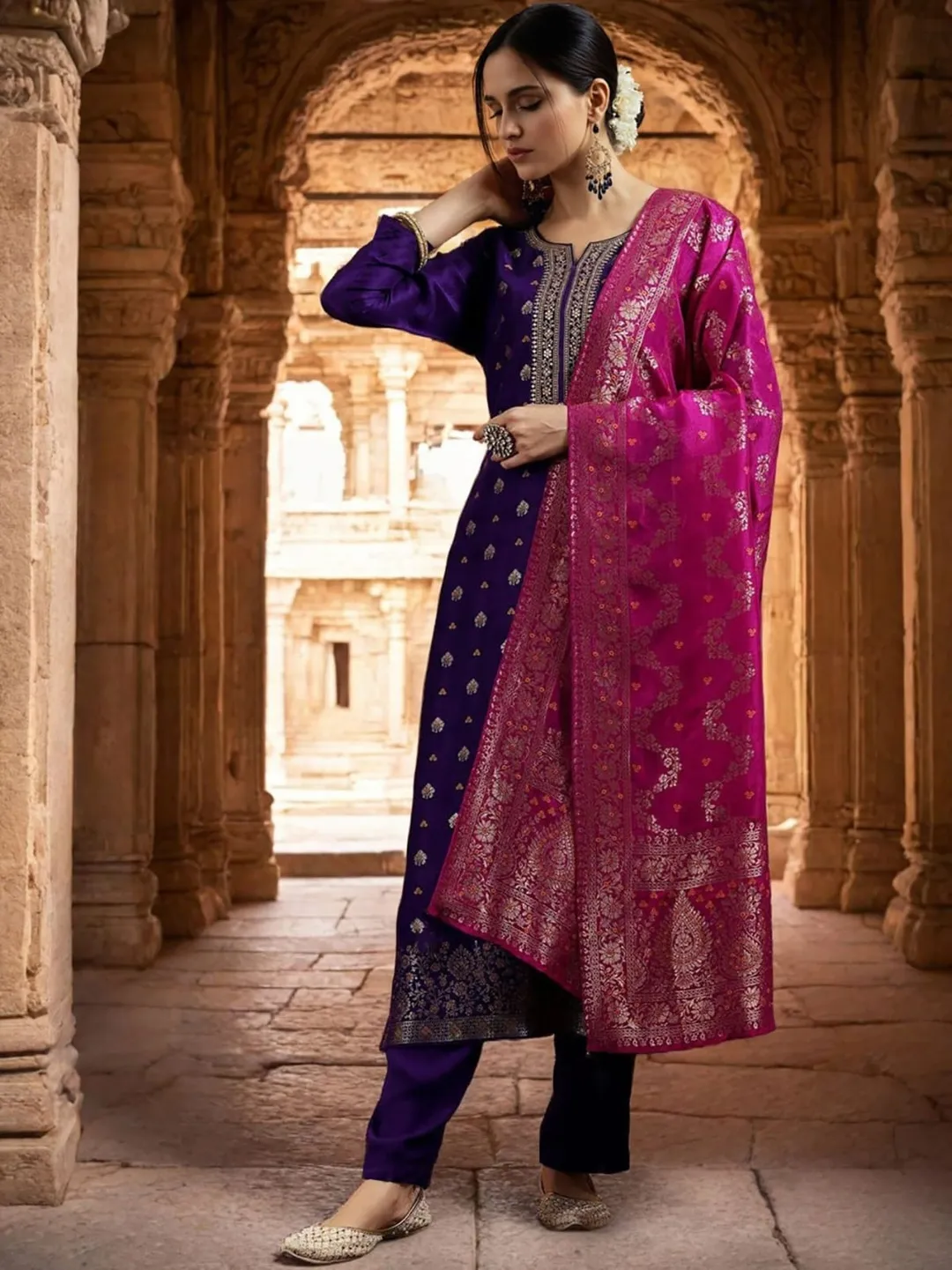 Violet Embroidered Art Silk Kurta Set for Women