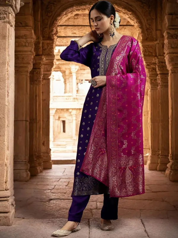 Violet Embroidered Art Silk Kurta Set for Women