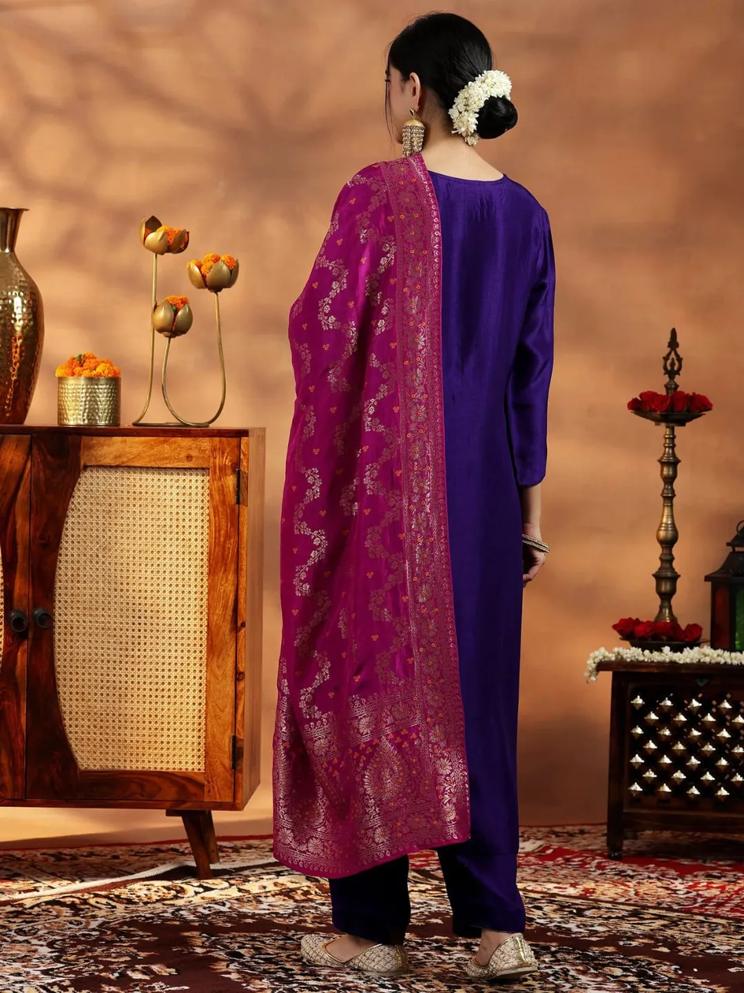 Violet Embroidered Art Silk Kurta Set for Women