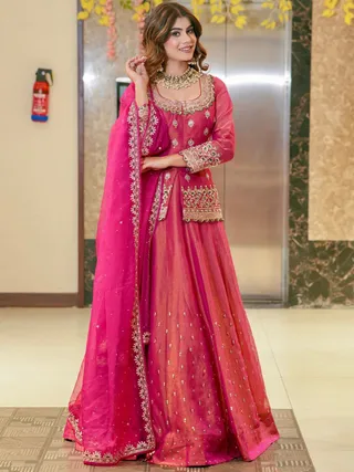 Pink Embroidered Roman Silk Lehenga Set Online