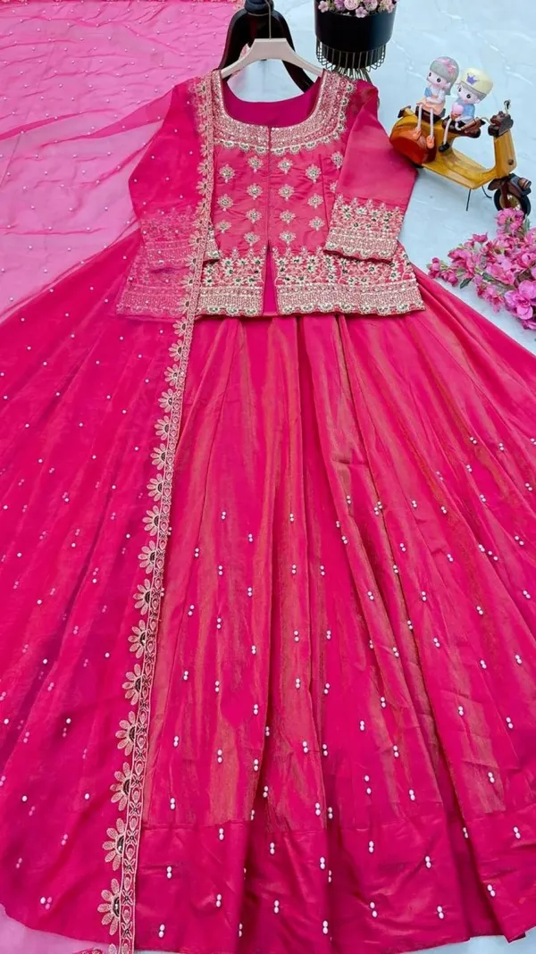 Pink Embroidered Roman Silk Lehenga Set Online