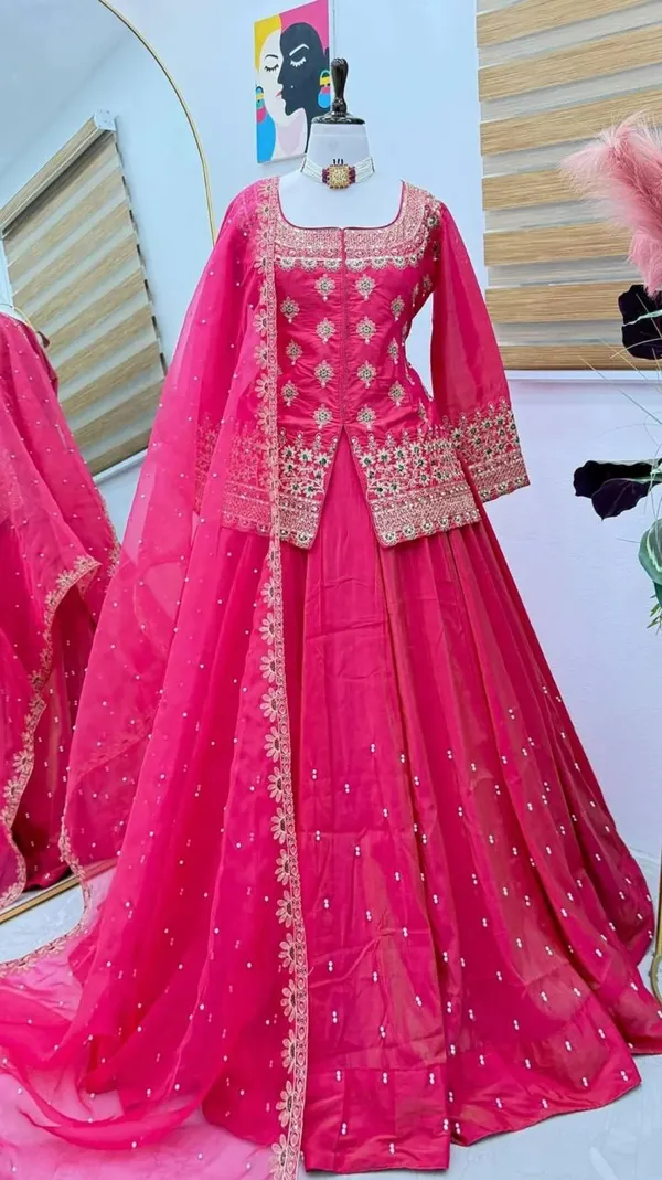 Pink Embroidered Roman Silk Lehenga Set Online