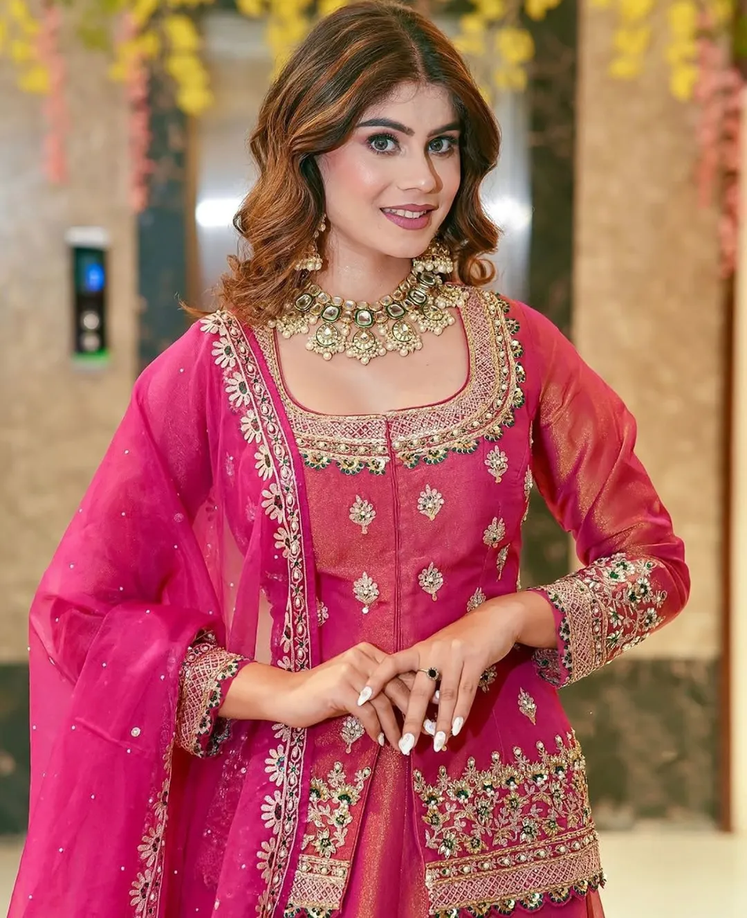 Pink Embroidered Roman Silk Lehenga Set Online
