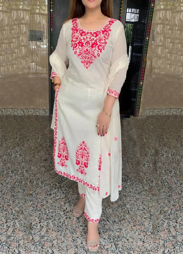Off White Floral Embroidered Straight Suit Set