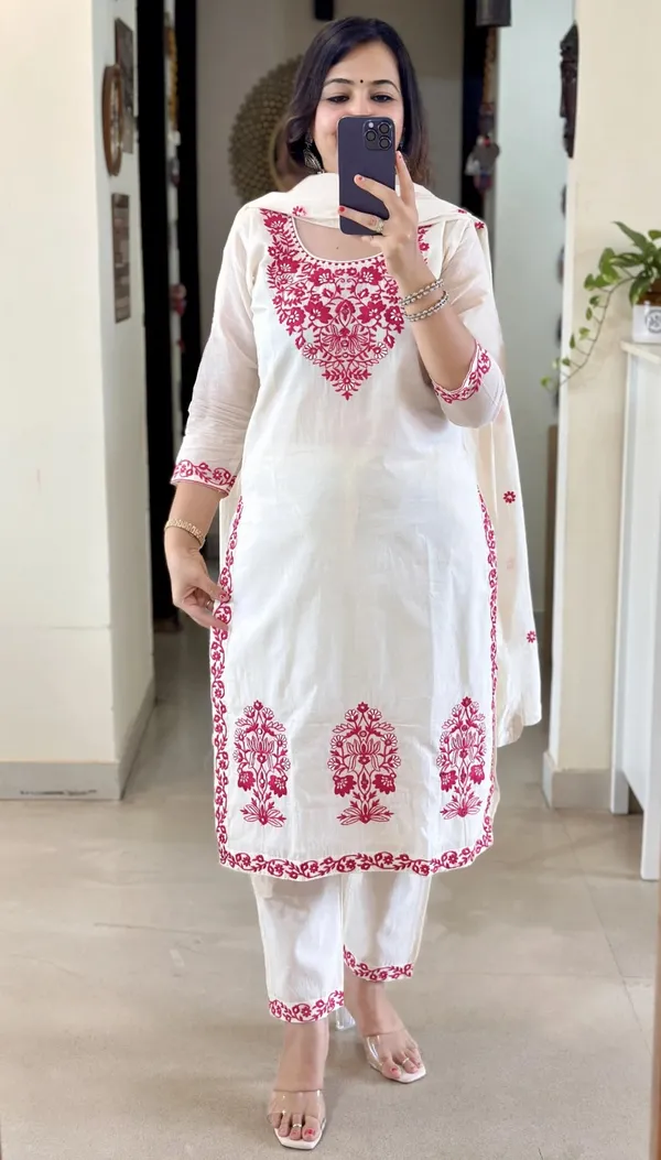 Off White Floral Embroidered Straight Suit Set