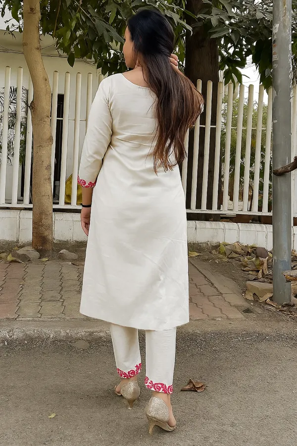 Off White Floral Embroidered Straight Suit Set