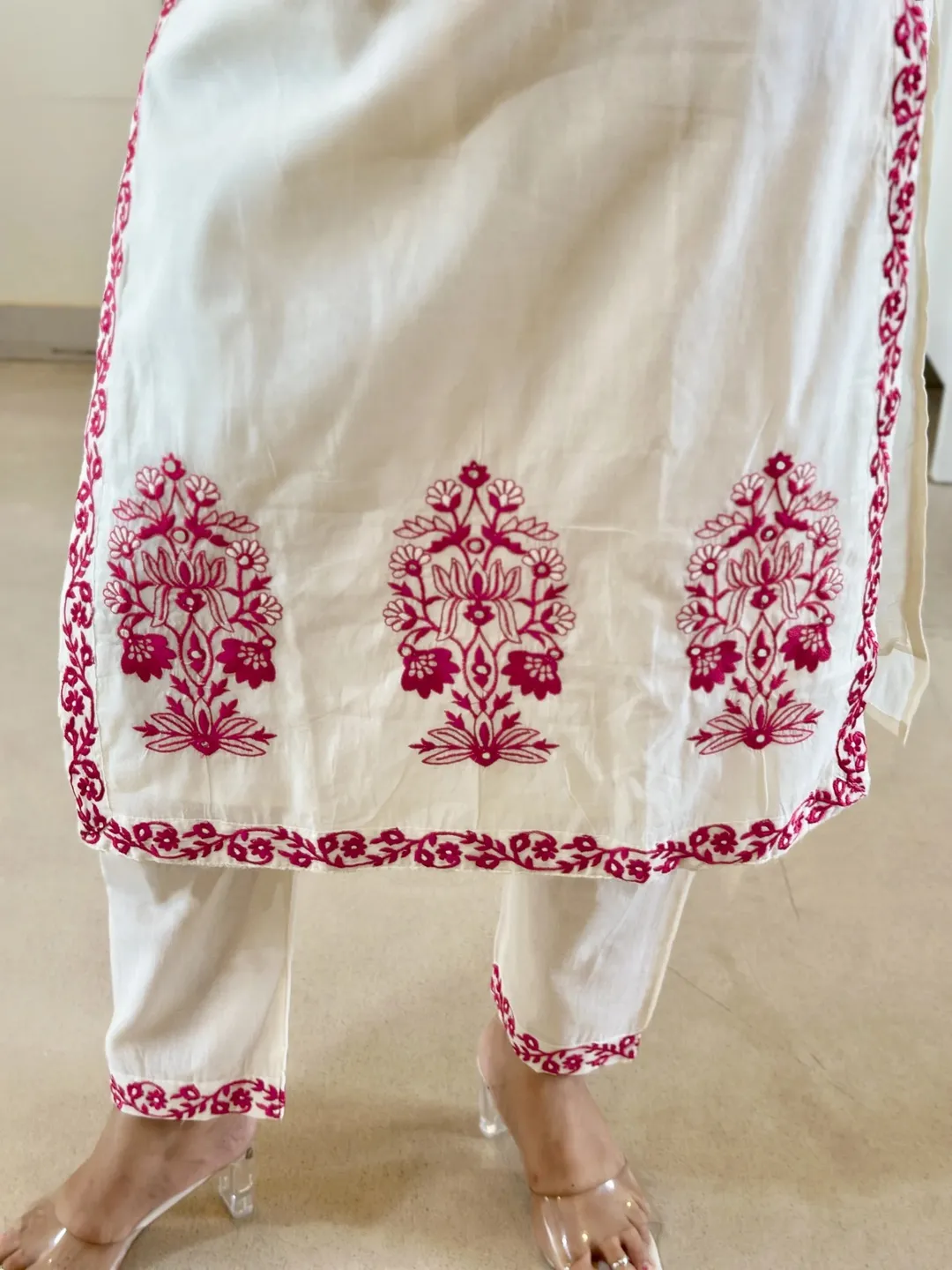 Off White Floral Embroidered Straight Suit Set