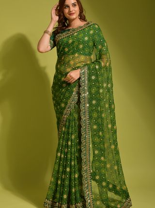 Designer Emerald Georgette Saree with Sequin Lace