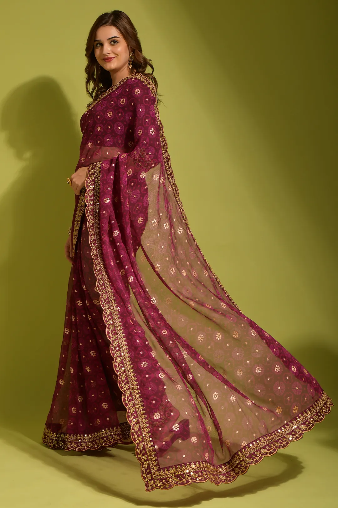 Wine Floral Georgette Saree with Sequin Lace Border