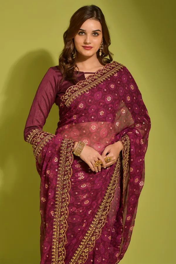 Wine Floral Georgette Saree with Sequin Lace Border