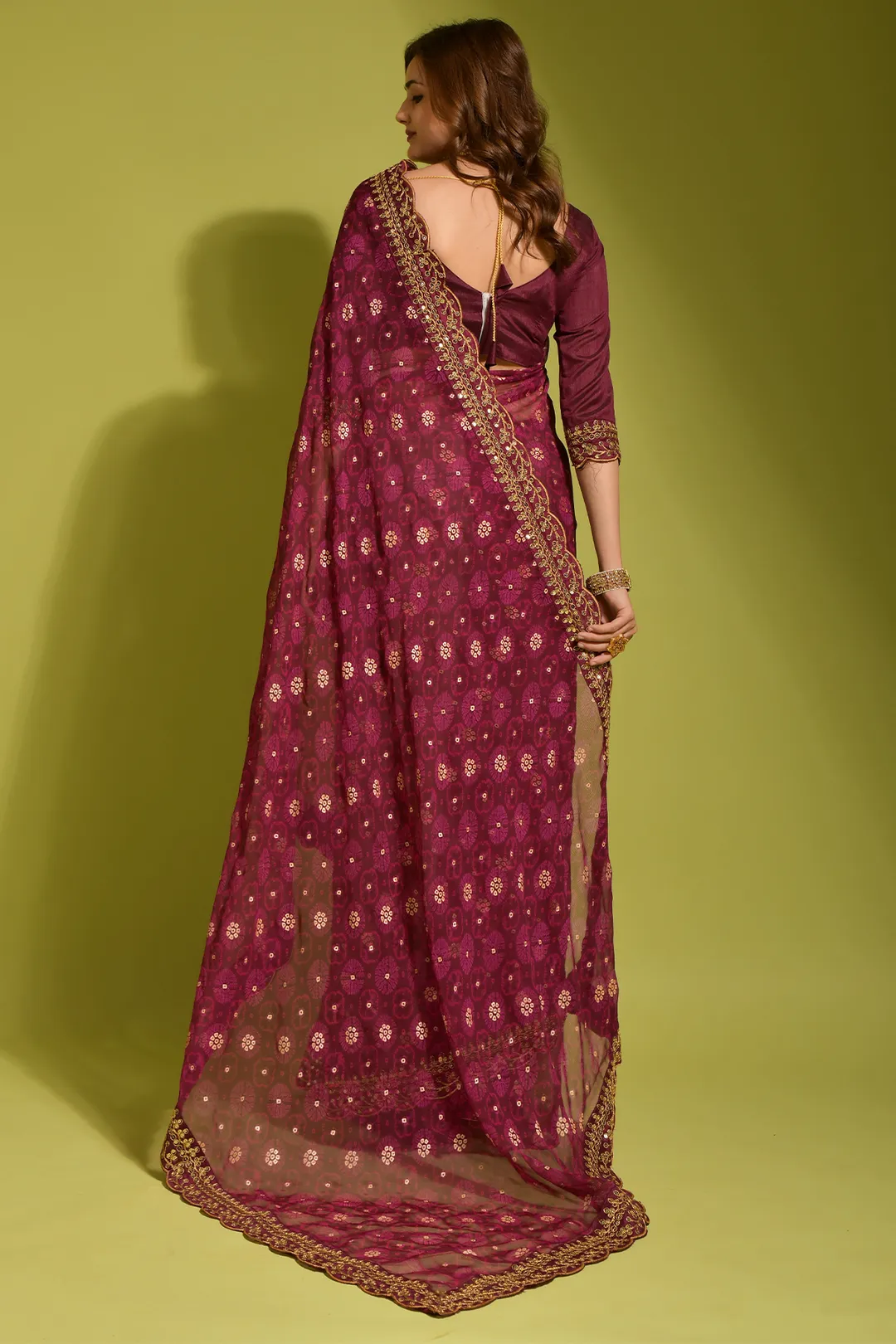 Wine Floral Georgette Saree with Sequin Lace Border