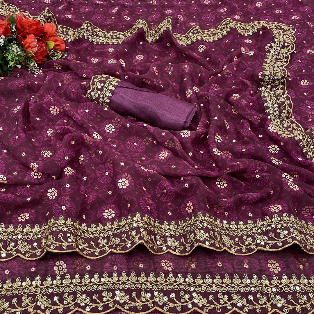 Wine Floral Georgette Saree with Sequin Lace Border