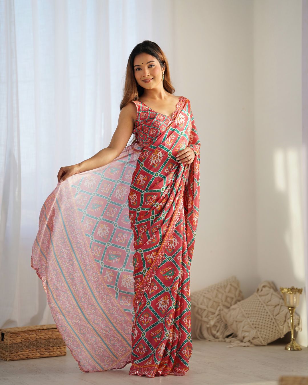 Designer Coral Chinon Saree with Kutchi Border