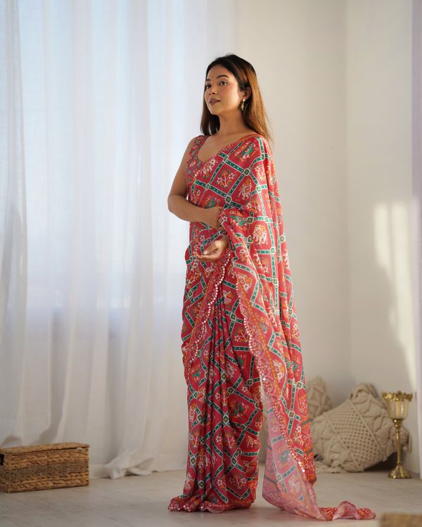 Designer Coral Chinon Saree with Kutchi Border