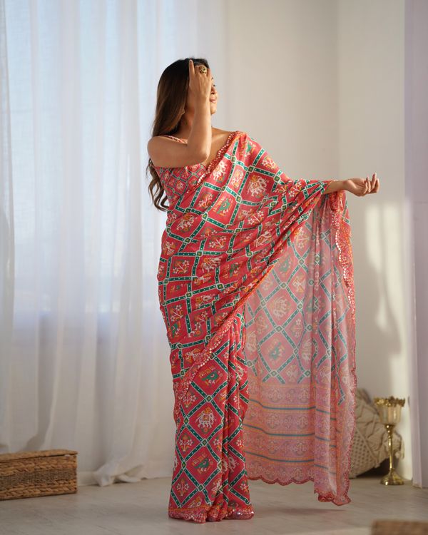 Designer Coral Chinon Saree with Kutchi Border