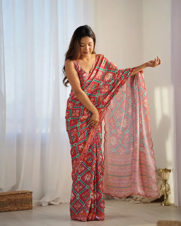 Designer Coral Chinon Saree with Kutchi Border