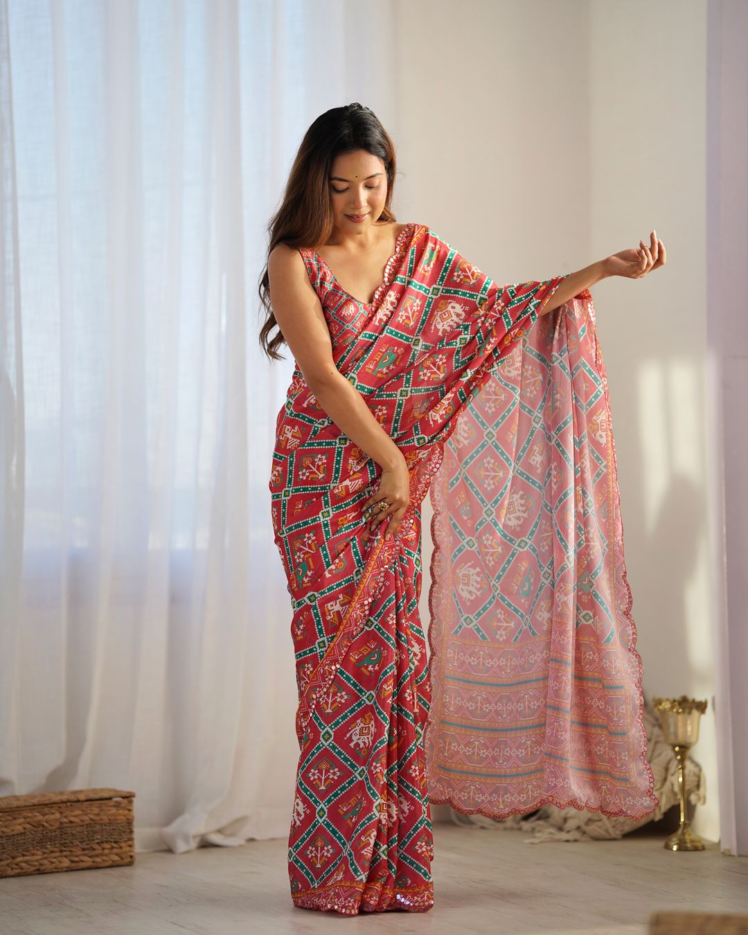 Designer Coral Chinon Saree with Kutchi Border