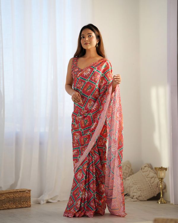 Designer Coral Chinon Saree with Kutchi Border