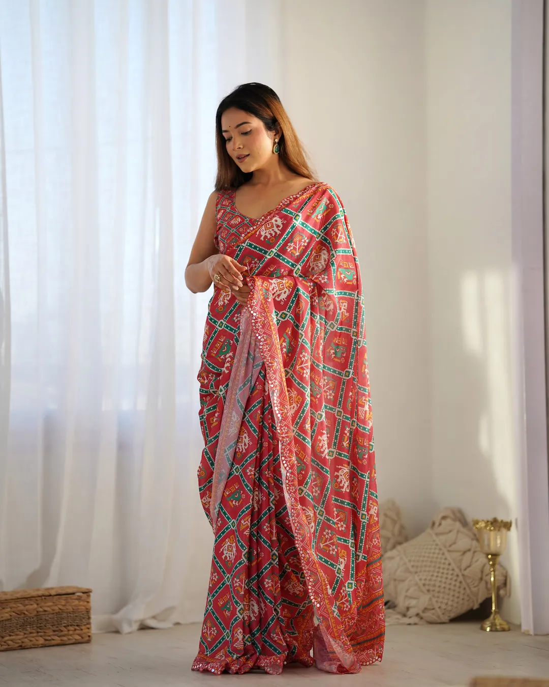 Designer Coral Chinon Saree with Kutchi Border