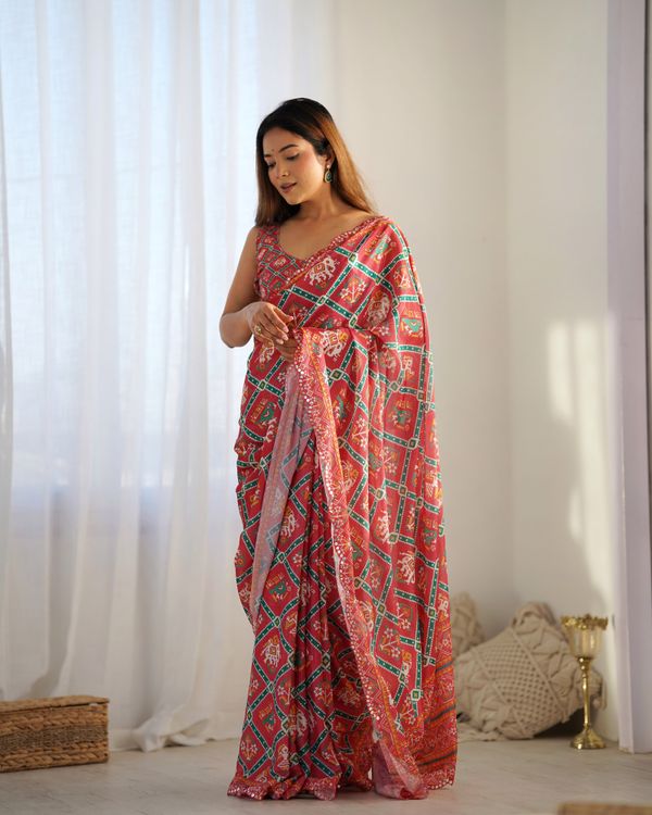 Designer Coral Chinon Saree with Kutchi Border