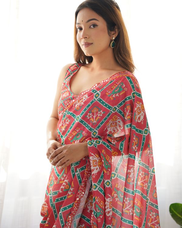 Designer Coral Chinon Saree with Kutchi Border