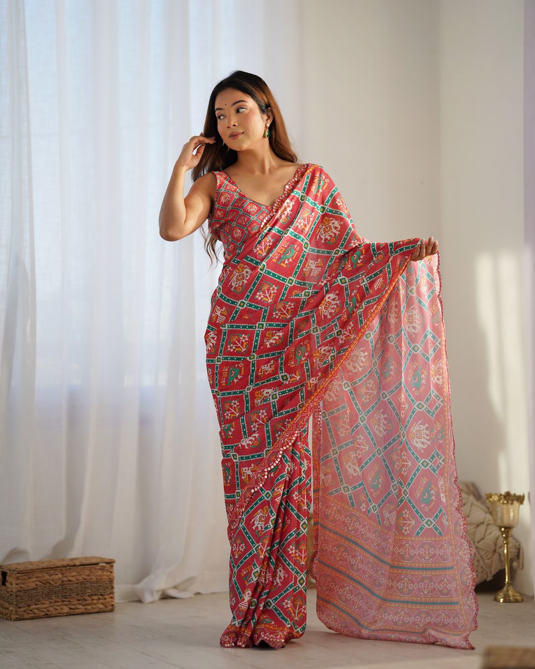Designer Coral Chinon Saree with Kutchi Border