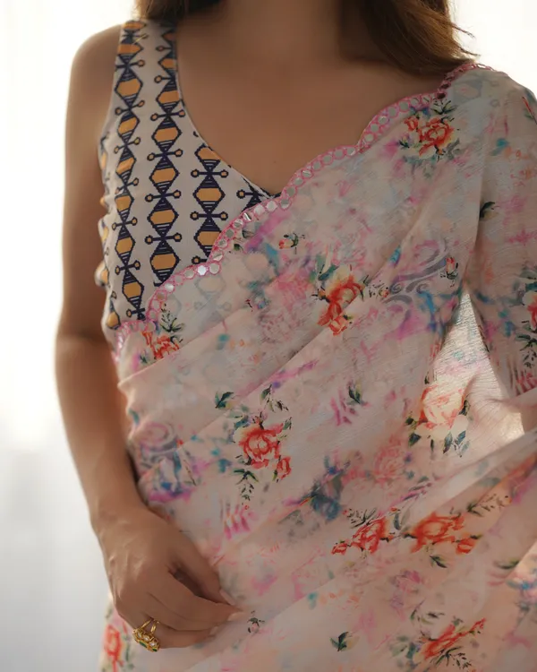 Blush Pink Floral Printed Chinon Saree for Women