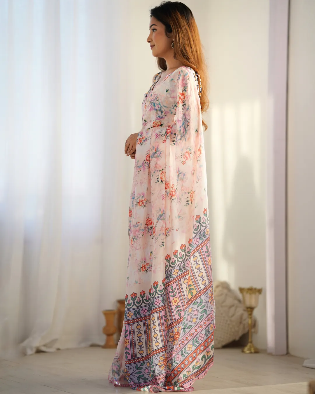 Blush Pink Floral Printed Chinon Saree for Women